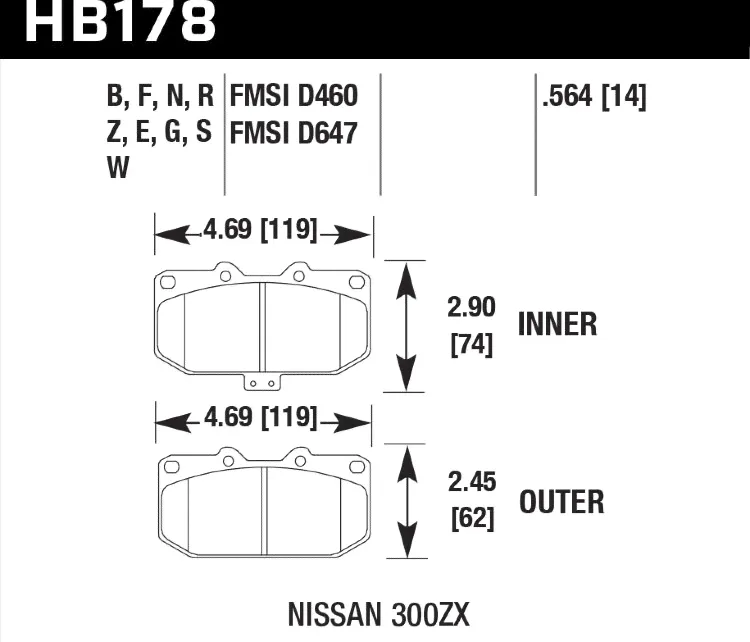 Колодки тормозные HB178F.564 HAWK HPS передние SUBARU Impreza WRX; Nissan 300ZX; HPB тип 1;-0